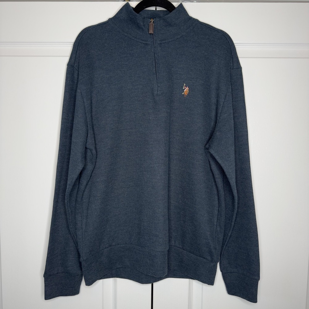 US Polo Assn Sweater Mens Large Blue Quarter Zip Pullover Cotton Blend Logo
